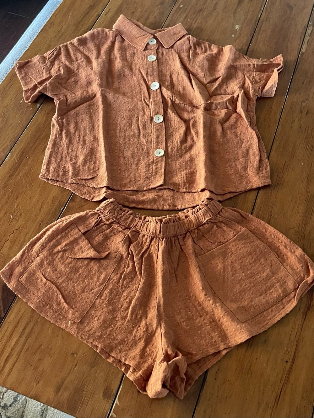 Rylee Cru Two-Piece Button Front Top & Elastic Waist Shorts Set - Rust Orange